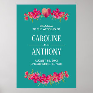 Turquoise Fuchsia Floral Wedding Welcome Sign