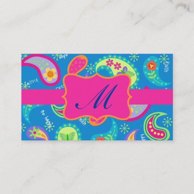 Turquoise Fuchsia Pink Modern Paisley Monogram Business Card (Front)