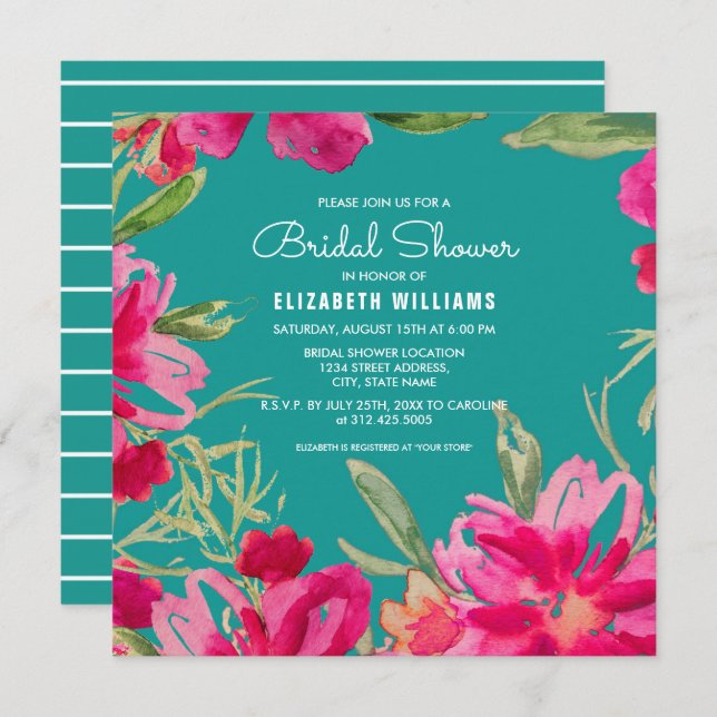 Turquoise Fuchsia Watercolor Floral Bridal Shower Invitation (Front/Back)