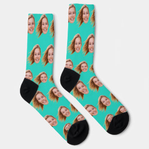 Turquoise Funny Personalised Face Photo Women Socks