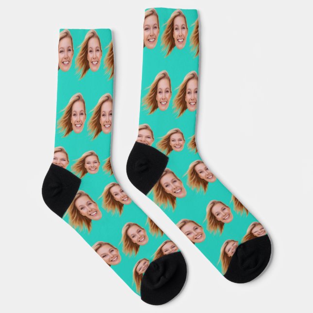 Turquoise Funny Personalised Face Photo Women Socks (Right)