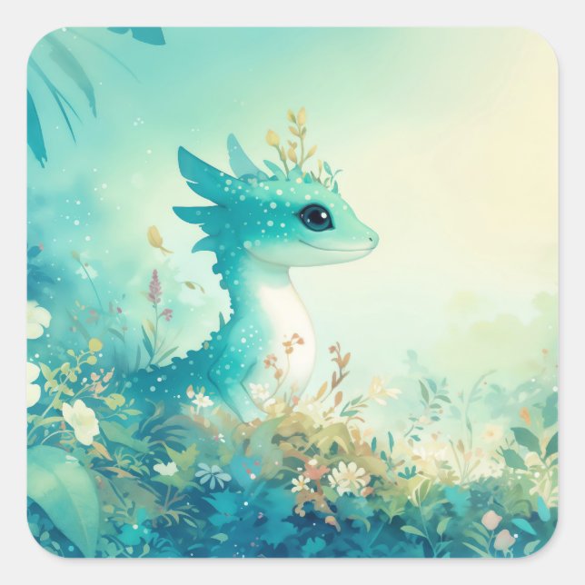 Turquoise Gecko Amidst Dreamy Blossoms Square Sticker (Front)