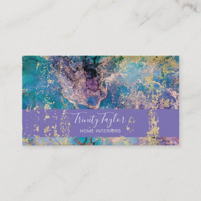 Turquoise Geode Marble & Gold Foil Business Card (Front)