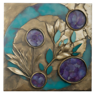 Turquoise Geometric Floral with Gold & Purple  Tile