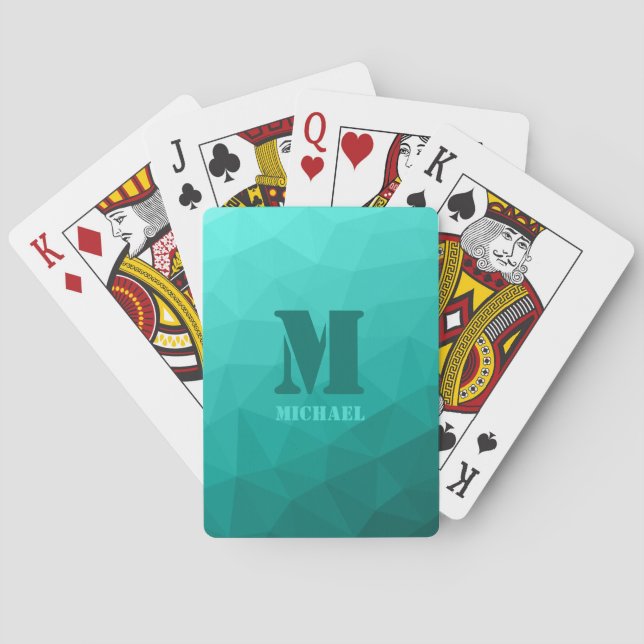 Turquoise geometric mesh pattern Monogram Playing Cards (Back)