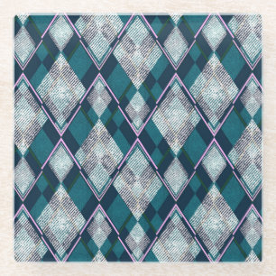 Turquoise Geometric Rhombic Seamless Pattern Glass Coaster