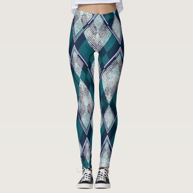 Turquoise Geometric Rhombic Seamless Pattern Leggings (Front)