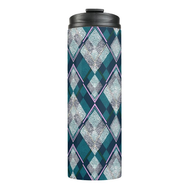 Turquoise Geometric Rhombic Seamless Pattern Thermal Tumbler (Front)