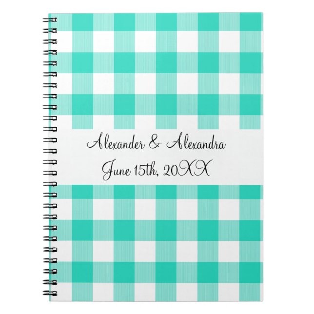 Turquoise gingham pattern wedding favours spiral notebook (Front)