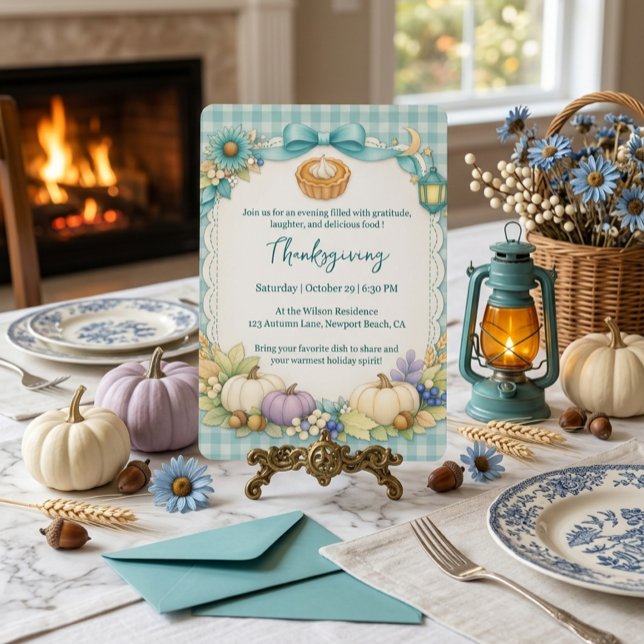 Turquoise Gingham  Thanksgiving Invitation Card (Creator Uploaded)