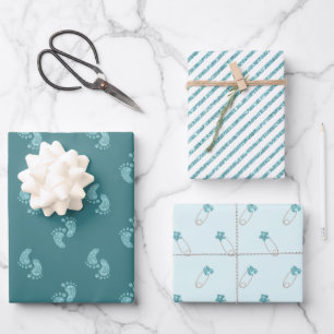 Turquoise Glitter Baby Feet Wrapping Paper Sheets 