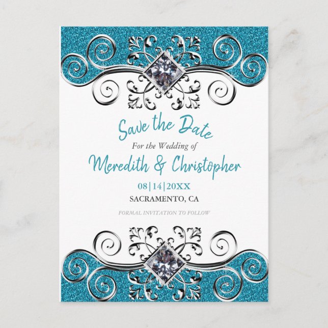 Turquoise Glitter Bling Wedding Save the Date Announcement Postcard (Front)