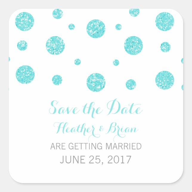 Turquoise Glitter Confetti Save the Date Stickers (Front)