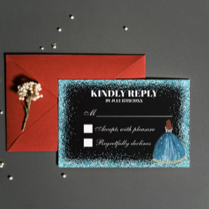 Turquoise Glitter Foil Balloon Ballgown Custom RSVP Card