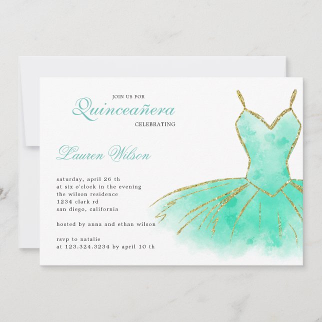 Turquoise Glitter Gown Quinceanera Invitation (Front)
