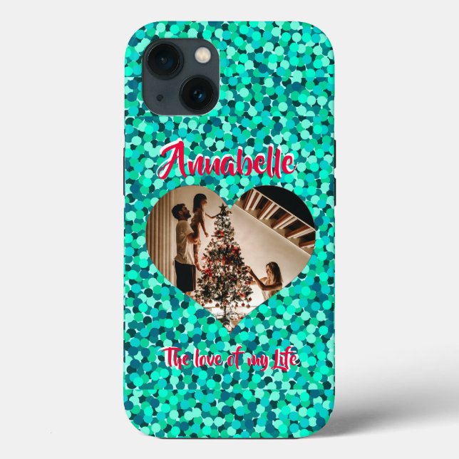 Turquoise Glitter Heart Shape Photo Case-Mate iPhone Case (Back)