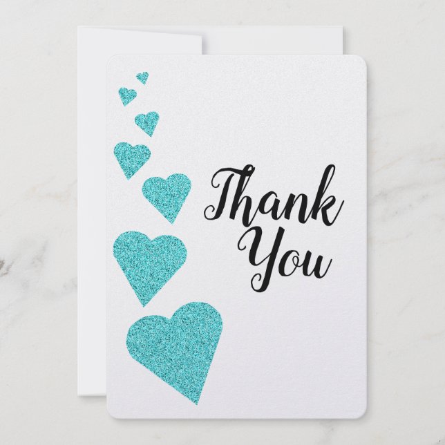 Turquoise Glitter Hearts Thank You card (Front)