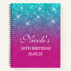 Turquoise Glitter Hot Pink Ombre 50th Birthday Notebook