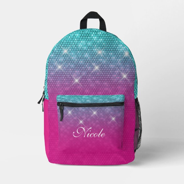 Turquoise Glitter Hot Pink Ombre 50th Birthday Printed Backpack (Front)