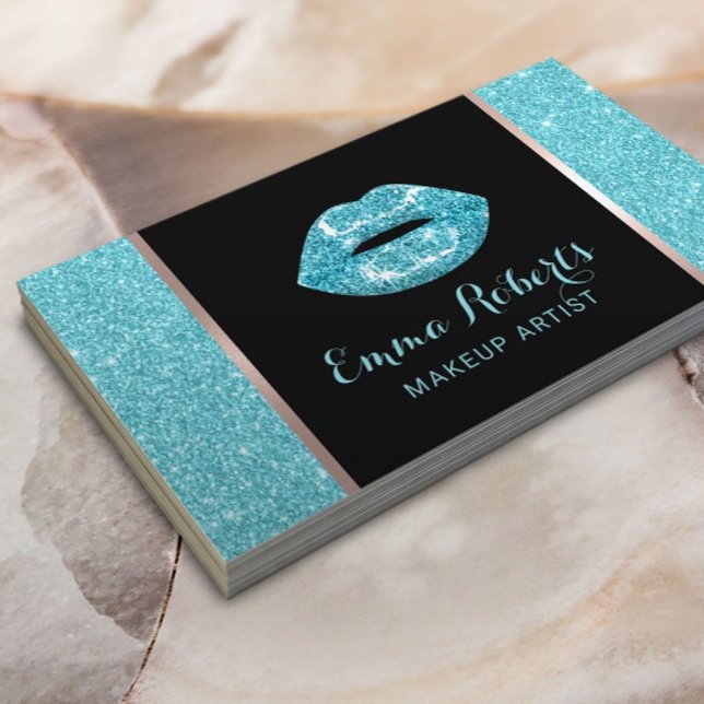 Turquoise Glitter Lips Modern Makeup Artist Salon Business Card (Creator Uploaded)