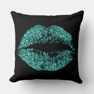 Turquoise Glitter Lips On Black Cushion