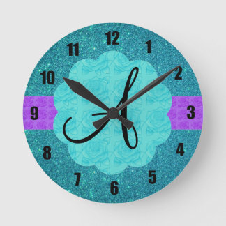 Turquoise glitter monogram round clock