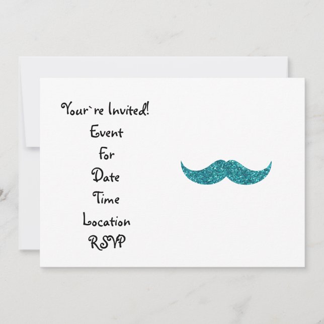 Turquoise glitter moustache invitation (Front)