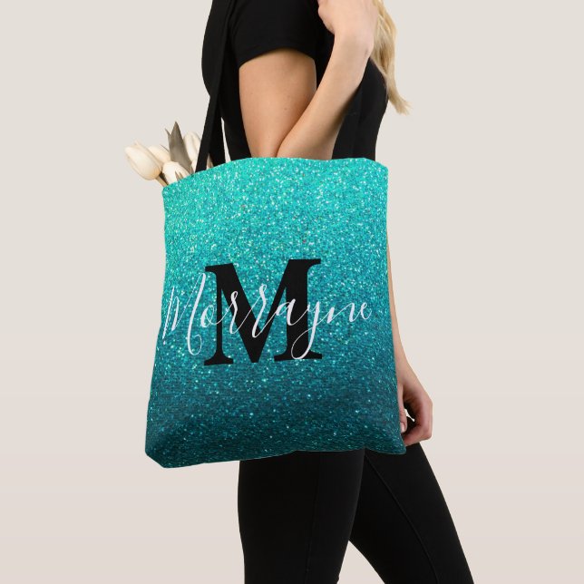 Turquoise Glitter Ombre Sparkles Metallic Monogram Tote Bag (Close Up)