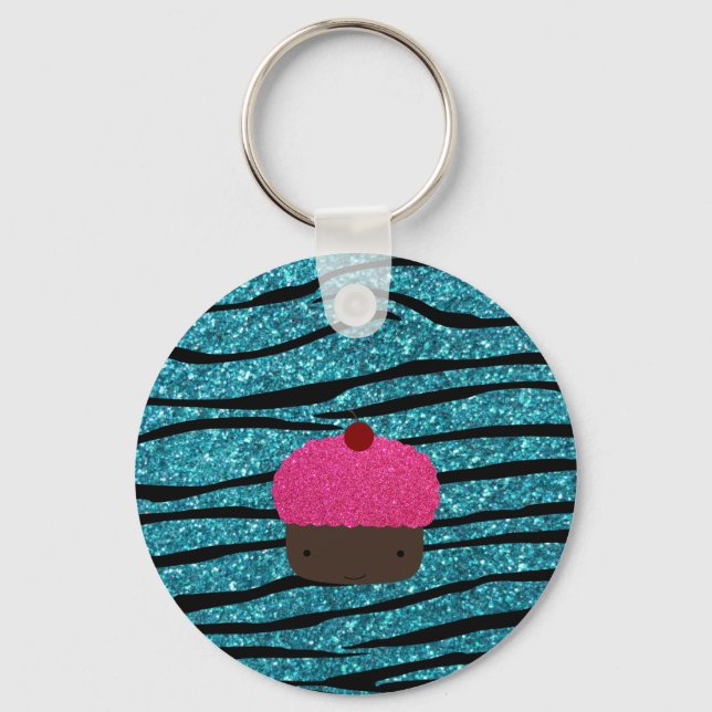 Turquoise glitter pink glitter cupcake key ring (Front)