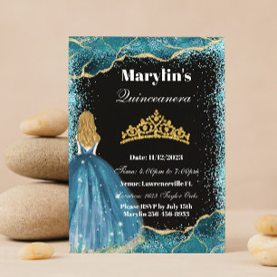 Turquoise Glitter Princess Quinceañera Ballgown Invitation