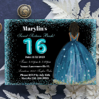 Turquoise Glitter Princess Sweet 16 Foil Balloon Invitation