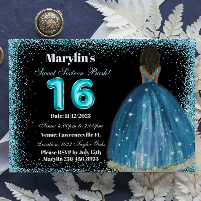 Turquoise Glitter Princess Sweet 16 Foil Balloon Invitation (Creator Uploaded)