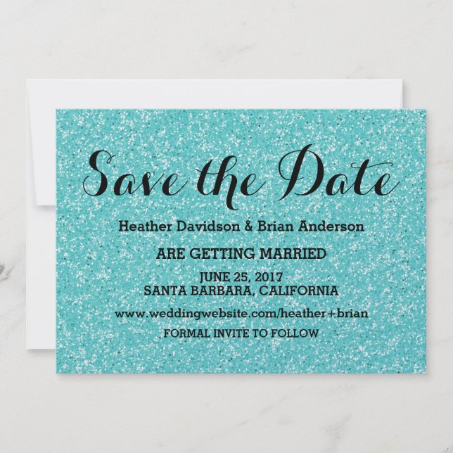 Turquoise Glitter Save the Date Invite (Front)