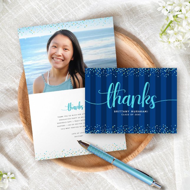 Turquoise glitter script grad photo navy stripes thank you card (Creator Uploaded)
