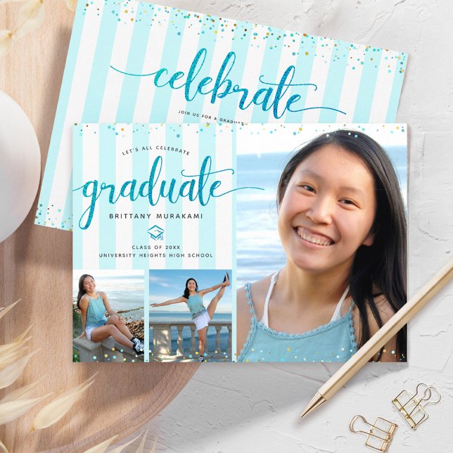 Turquoise glitter script graduation photo collage invitation (Creator Uploaded)