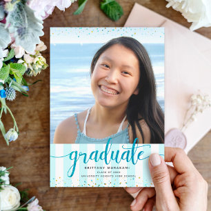 Turquoise glitter script photo graduation modern announcement