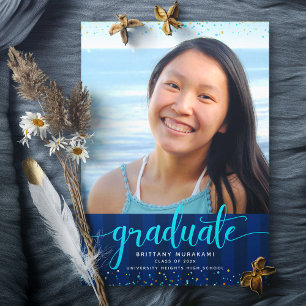 Turquoise glitter script photo graduation on navy announcement