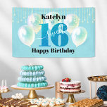 Turquoise Glitter Sweet 16 Birthday Balloon Script Banner<br><div class="desc">“Happy Sweet 16”. Celebrate her birthday with this stunning, simple, festive, modern, personalised banner. Bold, graphic, black typography and white handwritten script overlay a bright turquoise blue glitter “16”, turquoise green balloons and gold sparkly string lights on a soft turquoise background. Personalise the custom text with your daughter’s name. Great...</div>