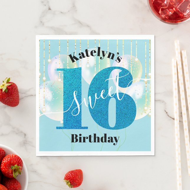 Turquoise Glitter Sweet 16 Birthday Balloon Script Napkin (Creator Uploaded)