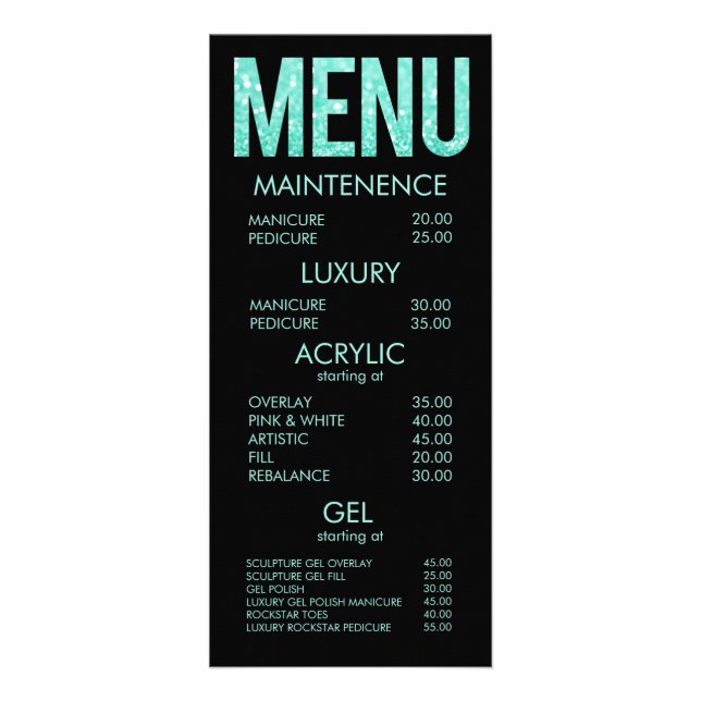 Turquoise Glitter Typography Salon Menu Cards (Front)