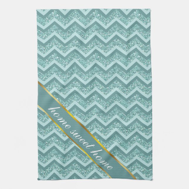 Turquoise Glitter ZigZag Pattern Tea Towel (Vertical)