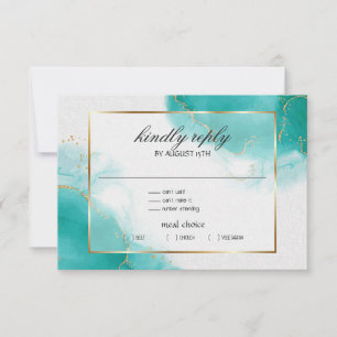 Turquoise Gold Abstract Marbled RSVP Card