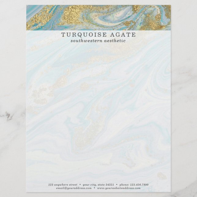 Turquoise & Gold Agate Stone Geode Marble Swirl Custom Letterhead (Front)