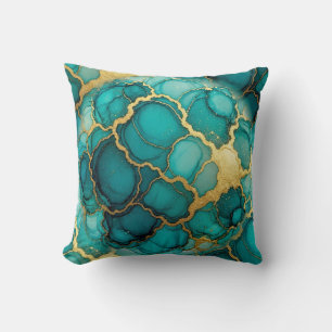 Turquoise + Gold Alcohol Ink Marble Throw Pillow