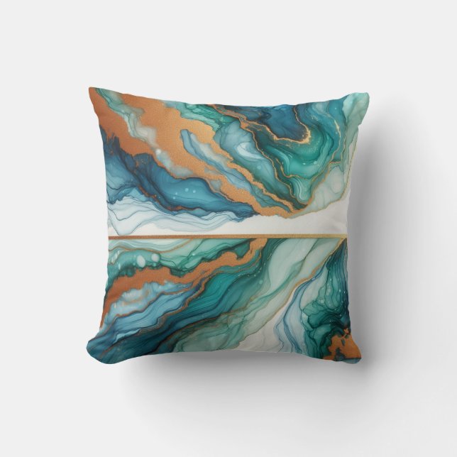 Turquoise + Gold Alcohol Ink Marble Throw Pillow (Front)