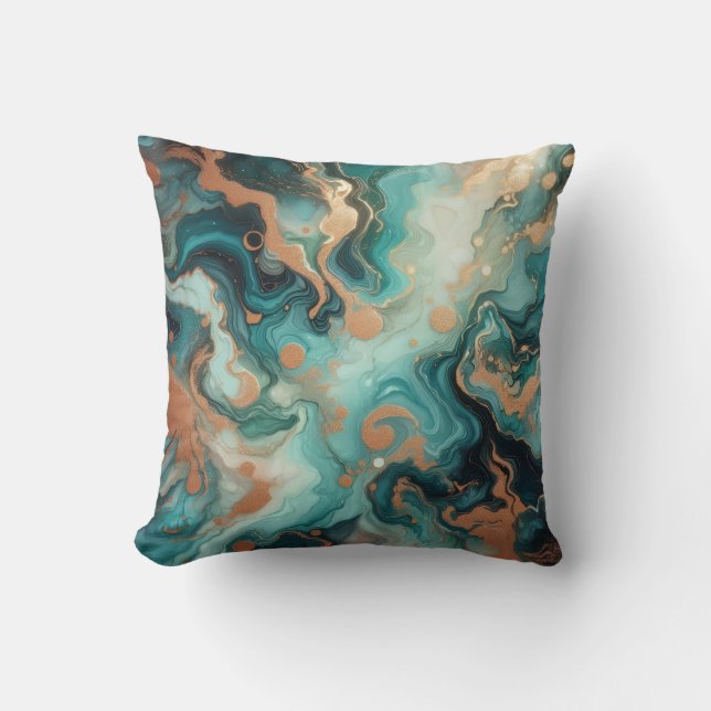 Turquoise + Gold Alcohol Ink Marble Throw Pillow (Front)