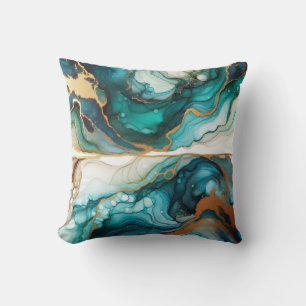 Turquoise + Gold Alcohol Ink Marble Throw Pillow