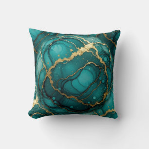 Turquoise + Gold Alcohol Ink Marble Throw Pillow