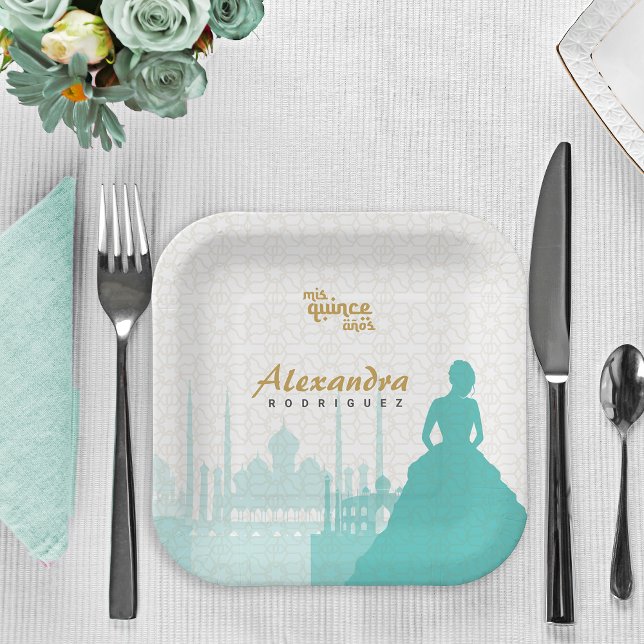 Turquoise & Gold Arabian Quinceañera Paper Plate (Creator Uploaded)