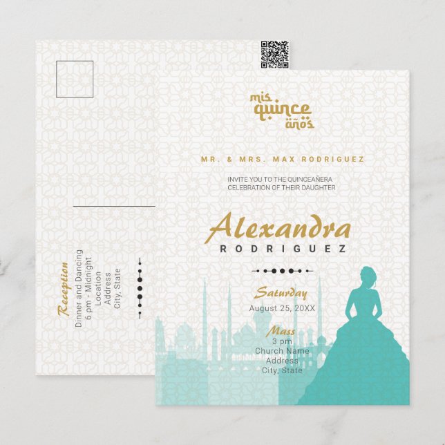 Turquoise & Gold Arabian Quinceañera Photo Postcar Postcard (Front/Back)